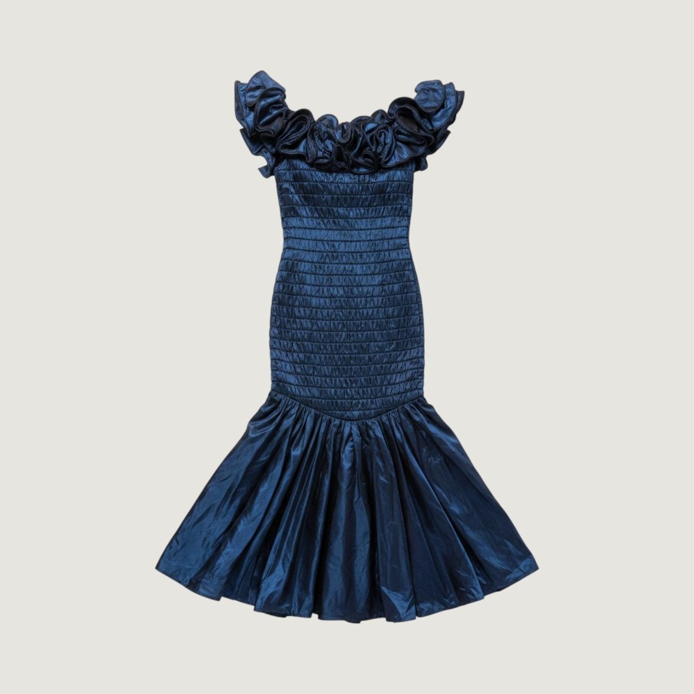 Vintage 80s After Five Julie Duroche Ruffle Smocked Mermaid Gown Dress 6